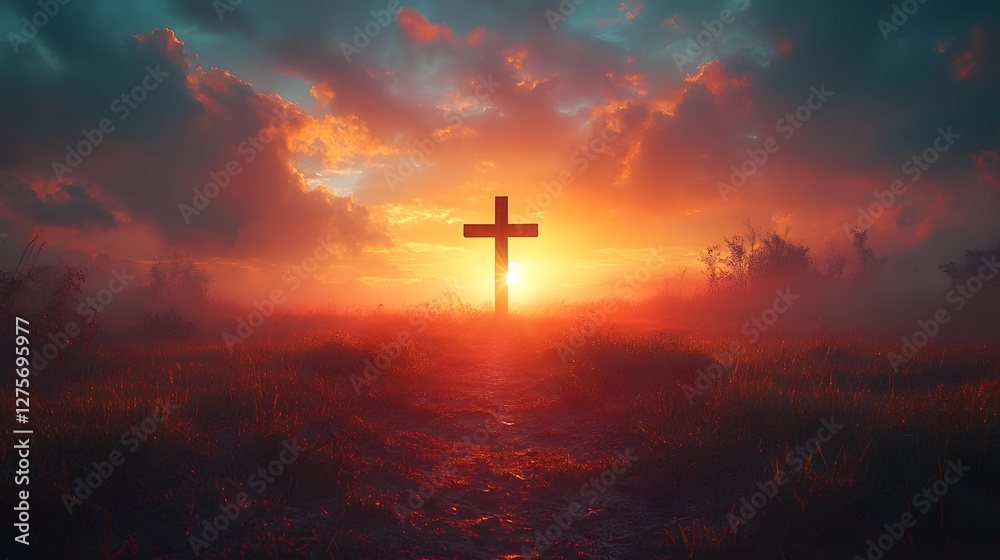 Scenic Cross At Sunset on a Grassy Hill Under Dramatic Sky Scenic Cross At Sunset on a Grassy Hill Under Dramatic Sky