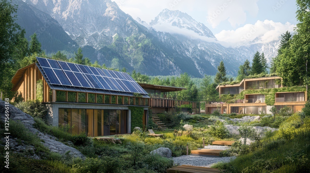 Naklejka premium Luxury Sustainable Mountain House with Solar Panels and Panoramic Views