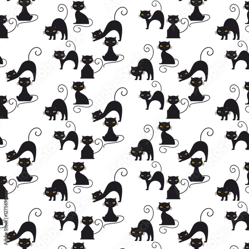 Cute Cartoon Black Cats on White seamless pattern