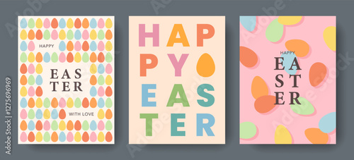 Happy Easter set of cards with colorful eggs and typography. Abstract geometric design for spring holiday. Trendy vector backgrounds for social media, print, poster, banner, ads, cover, invitation