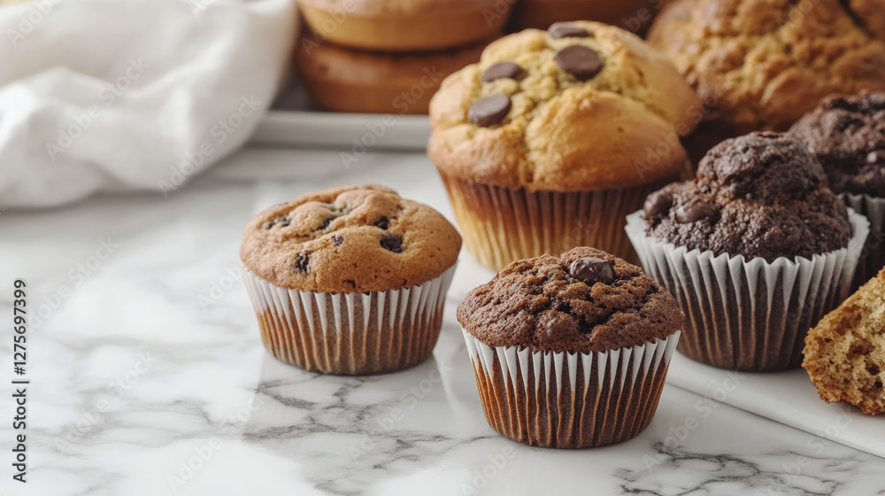 Delicious assorted muffins and cupcakes on marble surface, showcasing chocolate chip and chocolate flavors, perfect for bakery display or dessert table Delicious assorted muffins and cupcakes on marble surface, showcasing chocolate chip and chocolate flavors, perfect for bakery display or dessert table