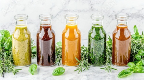 Premium gourmet sauces and chef-inspired natural dressings in glass bottles, featuring a vibrant collection of herb-infused vinaigrettes and marinades for healthy gourmet cooking, creating a delicious photo