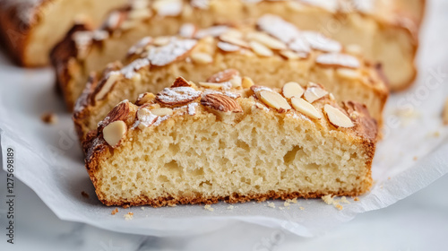 Freshly baked almond bread with soft texture, topped with sliced almonds, is perfect for any occasion. Its delightful flavor and inviting appearance make it must try treat