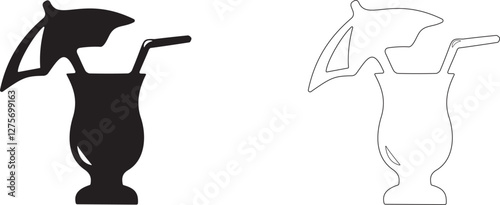 Cocktail glass with umbrella and straw. Beach holiday vector icon.