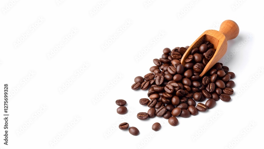 Fototapeta premium Coffee beans with a wooden spatula on a white background