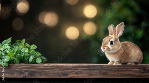 Brown rabbit on wooden table with green leaves and bokeh background. Nature and wildlife photo