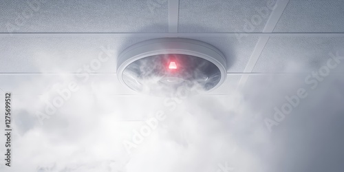 Malfunctioning Sensor With Red Light, Smoke Detector with Smoke on White Ceiling. Fire Alarm photo