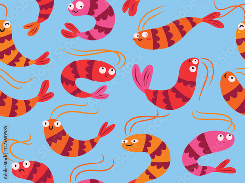 Seamless pattern with cartoon shrimps on blue