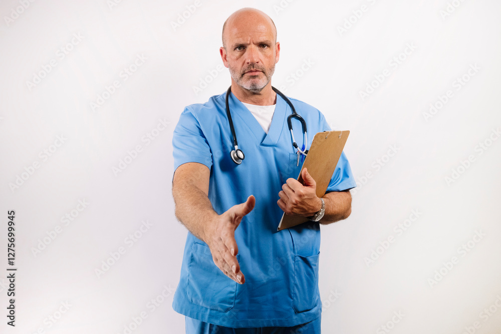 A doctor in a blue coat offering his hand. A doctor in a blue coat offering his hand.
