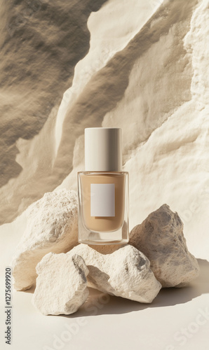a bottle of liquid foundation sitting between white rocks, illuminated with soft lighting and a neutral background.