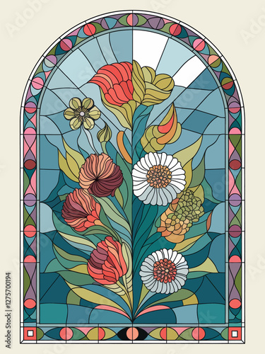 Ornate Stained Glass Window Design with Vibrant Floral Motif