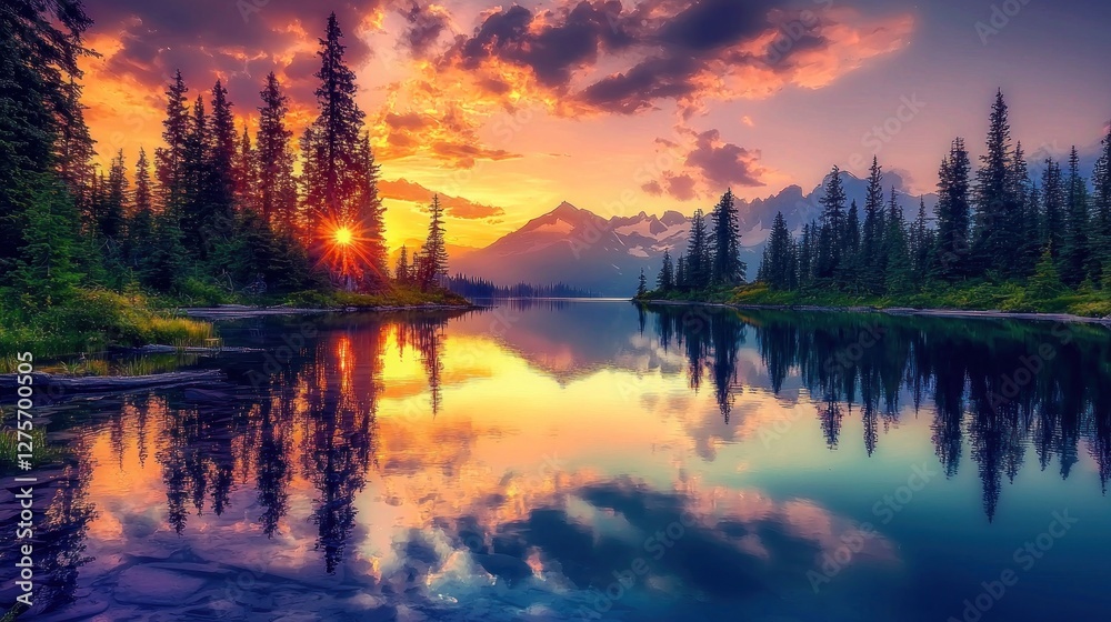 Fototapeta premium Majestic Sunset over Serene Mountain Lake