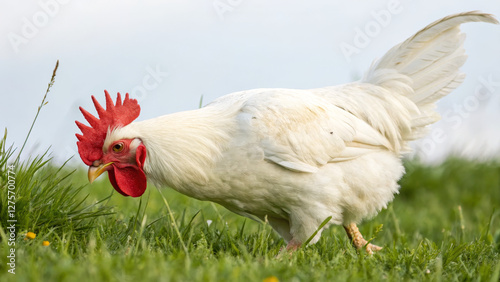 White leghorn chicken foraging in green grass on farm