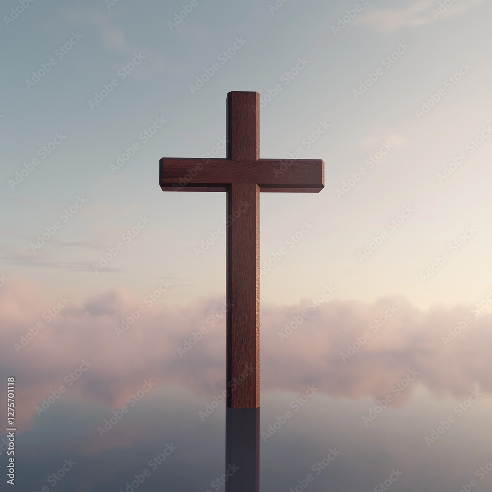A stunning view of a wooden cross standing tall, centered in the frame, with soft clouds and sunlight surrounding it. A stunning view of a wooden cross standing tall, centered in the frame, with soft clouds and sunlight surrounding it.
