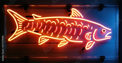 Neon sign depicting a glowing fish with vibrant orange and red lights, detailed scales, and fins, mounted on a wooden background, creating a striking and artistic illuminated display
