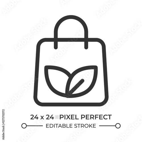 Eco bag line ui icon. Tote shopper with leaves print. Environmental friendly fashion. Minimalist accessory. Isolated vector outline symbol. Webdesign user interface element linear, pixel perfect