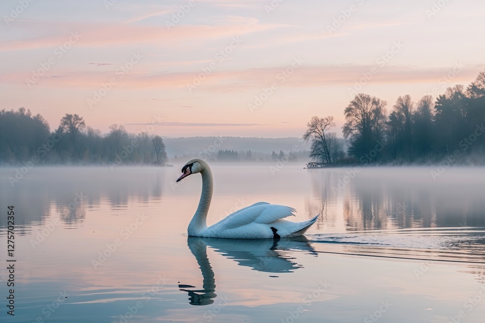 Fototapeta premium Elegant Swan Gliding Peacefully on Misty Lake Beneath Soft Pastel Skies