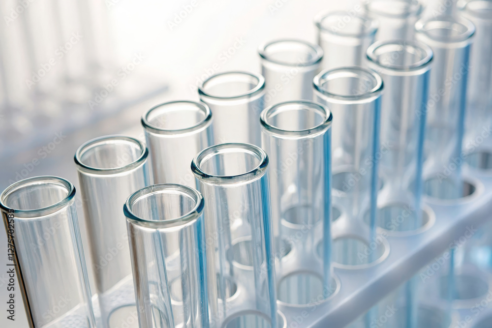 Clear test tubes arranged in laboratory setting for scientific research Clear test tubes arranged in laboratory setting for scientific research