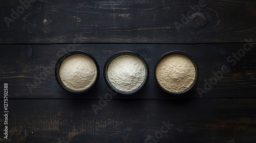 Baking setup with three bowls of different flour types on wooden table, showcasing keto friendly approach to cooking. Perfect for health conscious baking enthusiasts photo