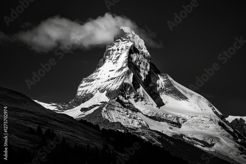 A close-up shot in black and white of Adlerhorn with the Adlergletscher glacier following a light snowfall as clouds begin to form photo