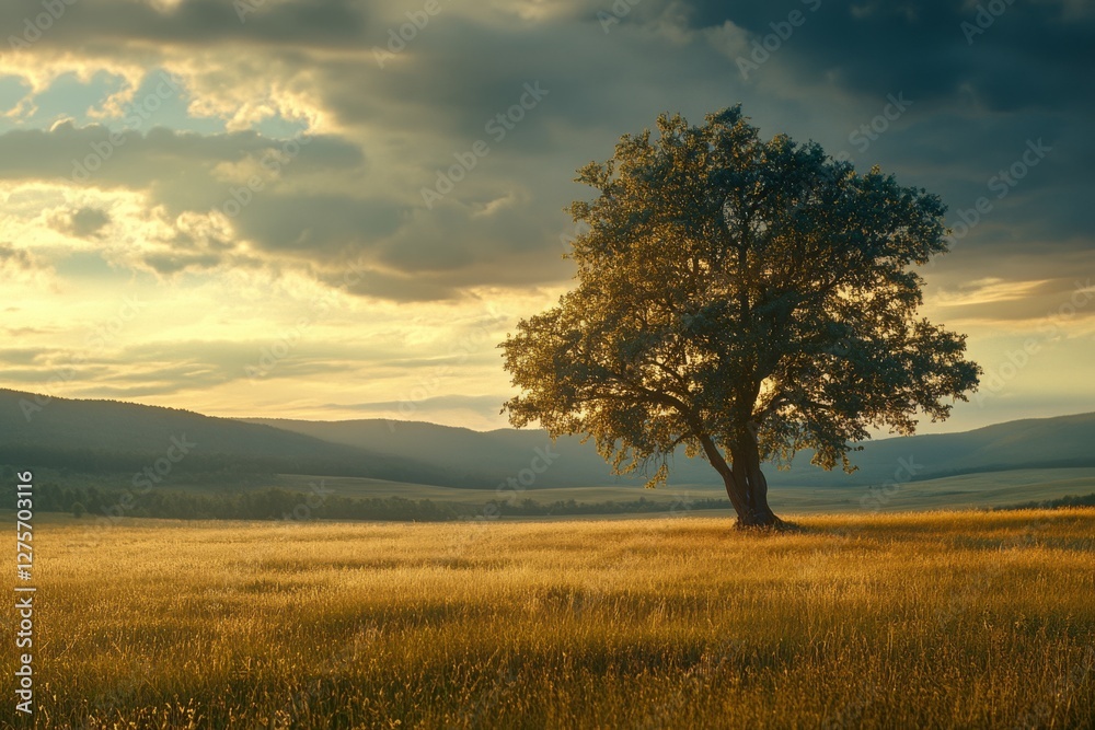 A solitary tree stands solemnly in a golden field under a sky painted with hues of sunset, creating a serene and tranquil landscape. A solitary tree stands solemnly in a golden field under a sky painted with hues of sunset, creating a serene and tranquil landscape.