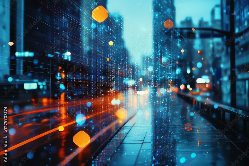 A dynamic digital matrix transforms a rainy city street scene, merging technology and reality with vibrant blue and orange accents. A dynamic digital matrix transforms a rainy city street scene, merging technology and reality with vibrant blue and orange accents.