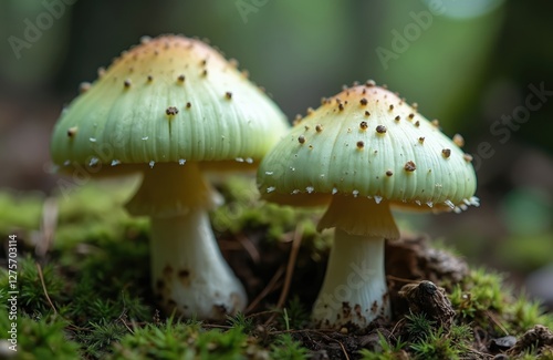 Close-up of deadly poisonous mushrooms Amanita phalloides known as death cap on moss. Dangerous fungal plant growing in nature, toxic autumn forest. Biology concept. photo