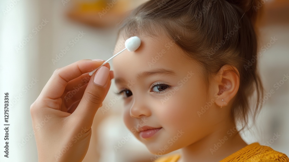 Young child receives gentle care while having her forehead treated with a swab in a cozy indoor setting during the afternoon Young child receives gentle care while having her forehead treated with a swab in a cozy indoor setting during the afternoon
