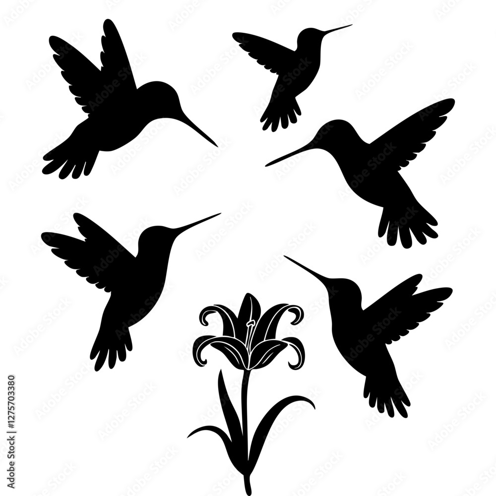 Fototapeta premium Hummingbird and Flower Silhouette Set – Elegant Nature-Inspired Vector Design
