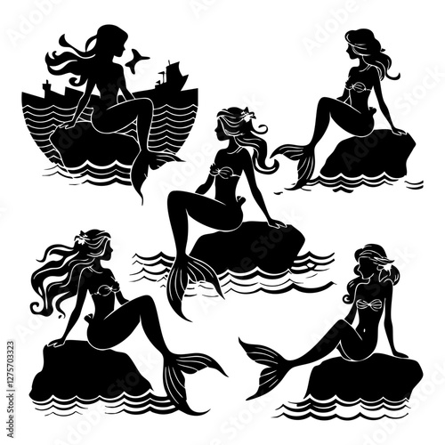 Mermaid Silhouette Vector Set – Mystical Sea Sirens on Rocks