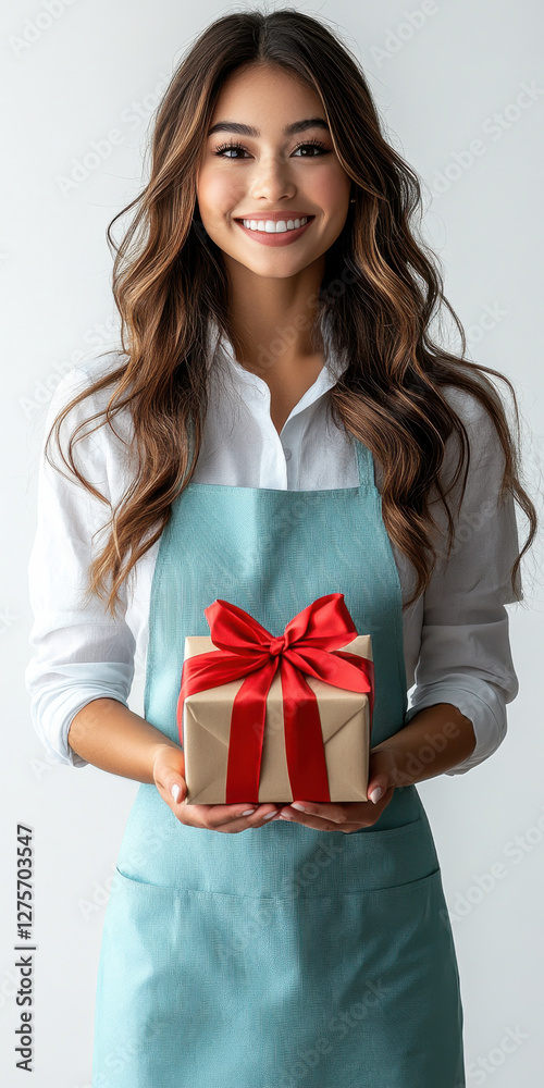 Woman in light blue apron holds wrapped gift with red bow, smiling warmly in a bright, neutral setting