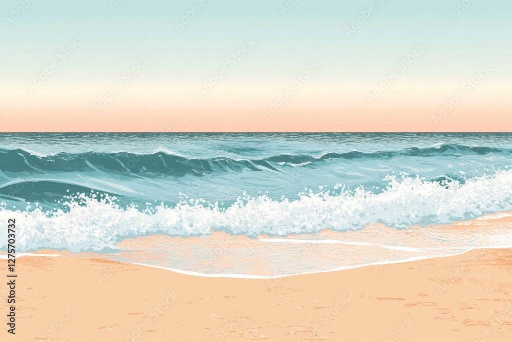 Peaceful ocean waves crashing on sandy beach at sunrise, ideal for travel brochure Peaceful ocean waves crashing on sandy beach at sunrise, ideal for travel brochure