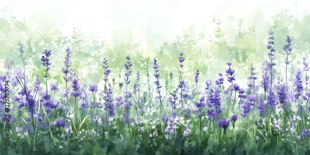 Naklejka premium Delicate Lavender Field, Watercolor Painting, Pastel Green Background, Fine Art, Flowers, Floral