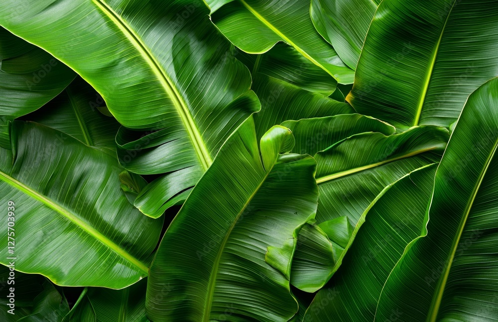 Fototapeta premium A tropical forest features a banana leaf, green leaves with a beautiful pattern, and a natural plant in a tropic garden, all set against a background of banana green leaves texture, with a nature