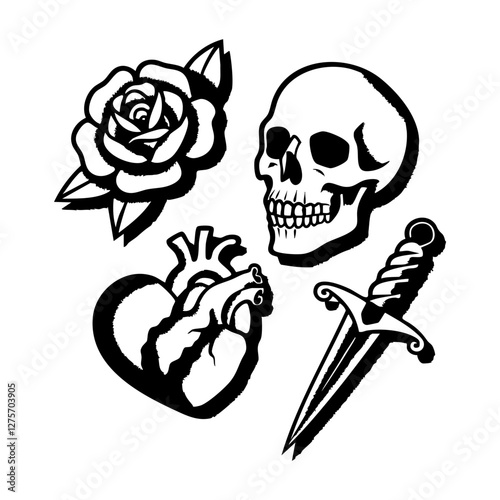 Traditional Tattoo Flash Set – Skull, Rose, Heart & Dagger Vector Collection