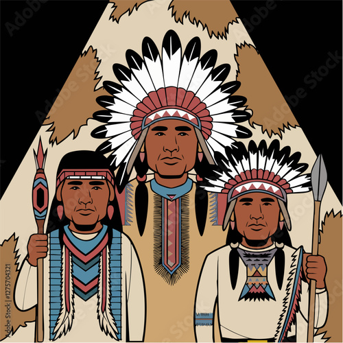 Native American Chiefs Illustration – Traditional Clothing and Headdress with Tipi Backdrop