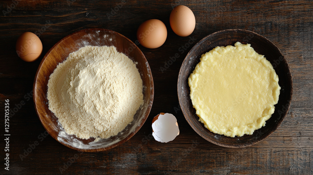 Freshly prepared ingredients for baking, featuring almond flour, eggs, and bowl of batter. rustic setting adds warmth to cooking process Freshly prepared ingredients for baking, featuring almond flour, eggs, and bowl of batter. rustic setting adds warmth to cooking process