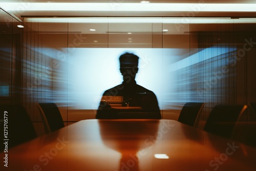A mysterious silhouette is captured in motion against a blurred office backdrop, suggesting intrigue and anonymity in a corporate world.