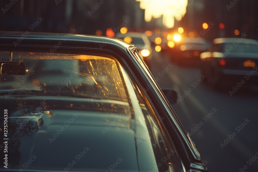 Fototapeta premium Retro car windows reflect the golden hues of a bustling city at sunset, capturing the essence of urban nostalgia and vibrant movement.