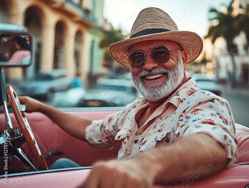 Happy senior man drives vintage convertible in Cuba