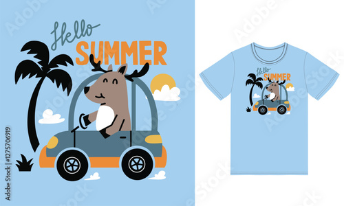 Cute deer driving car illustration with tshirt design premium vector