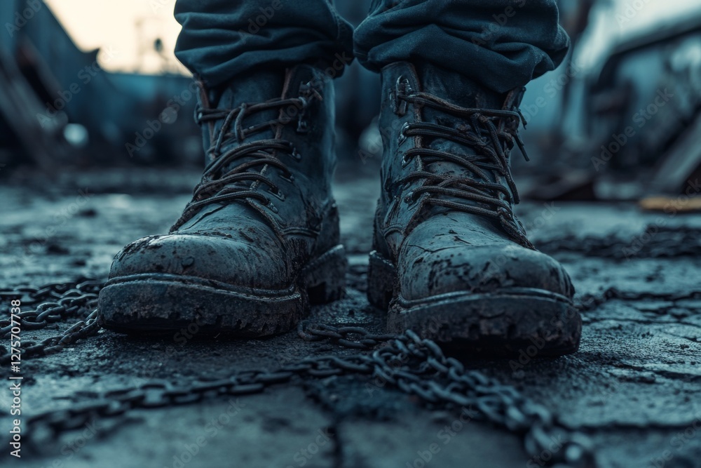 Mud-caked boots firmly planted on harsh terrain, tangled in heavy chains, evoking resilience and toil in an industrial backdrop. Mud-caked boots firmly planted on harsh terrain, tangled in heavy chains, evoking resilience and toil in an industrial backdrop.