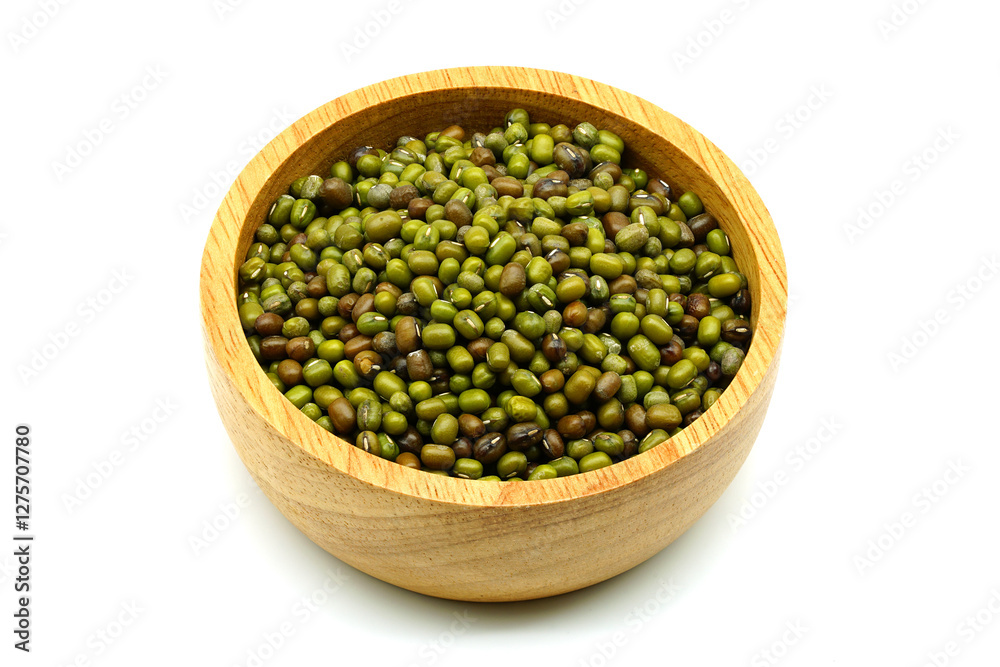 Mung bean (Vigna radiata) seeds in wooden bowl and wooden spoon isolated on white background Mung bean (Vigna radiata) seeds in wooden bowl and wooden spoon isolated on white background
