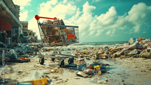 Post-Disaster Shopping Cart on a Polluted Beach