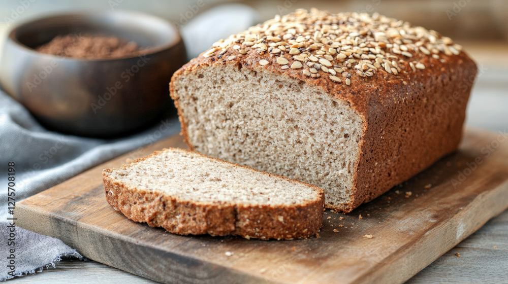 Freshly baked almond bread loaf with golden crust, sliced and served on wooden board, accompanied by bowl of seeds. Perfect for healthy meals and snacks Freshly baked almond bread loaf with golden crust, sliced and served on wooden board, accompanied by bowl of seeds. Perfect for healthy meals and snacks