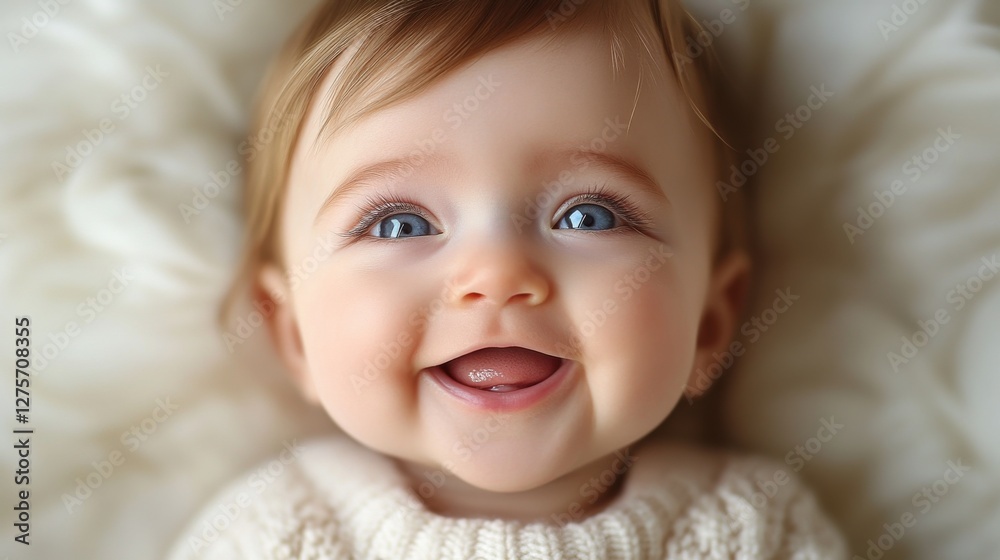 Baby with bright blue eyes and a joyful smile on a soft blanket during a sunny afternoon Baby with bright blue eyes and a joyful smile on a soft blanket during a sunny afternoon