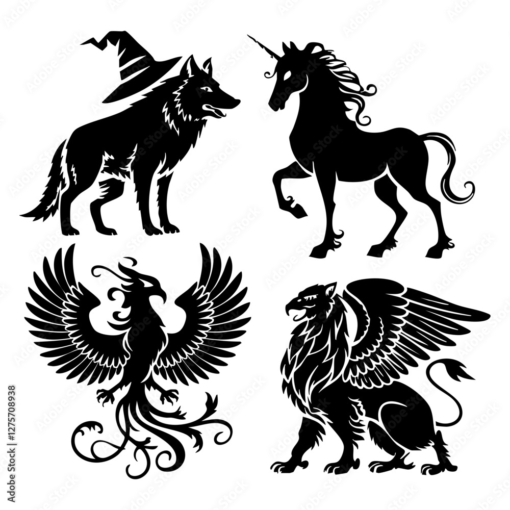 Fantasy Creature Silhouettes: A Wolf, Unicorn, Phoenix, and Griffin Fantasy Creature Silhouettes: A Wolf, Unicorn, Phoenix, and Griffin