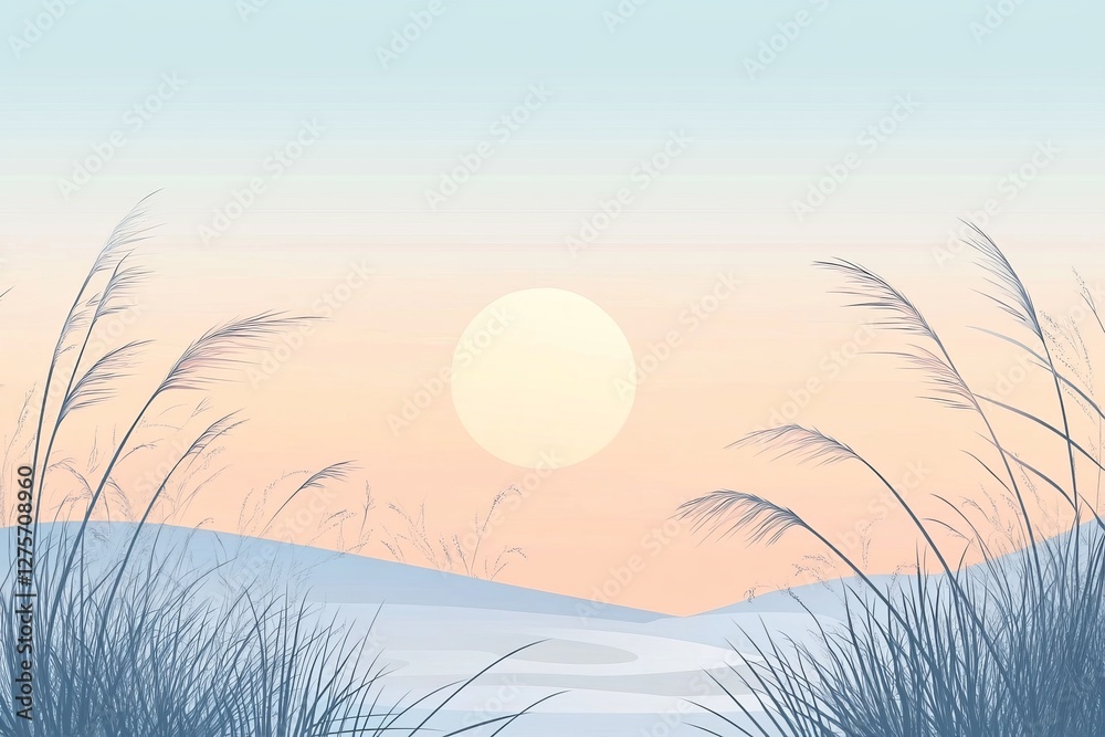 Obraz premium Serene sunset over coastal grasses, peaceful landscape, background design