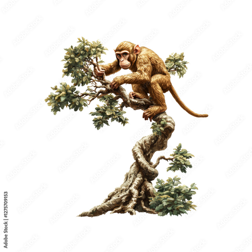 Fototapeta premium Macaque Monkey Perched on a Bonsai Tree