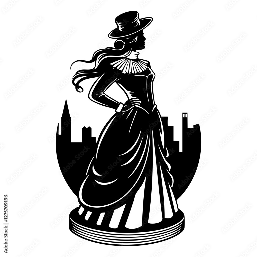 Obraz premium Vintage Lady Silhouette with Cityscape Background